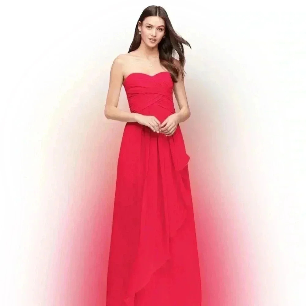 DAVID'S BRIDAL Red Crinkle Strapless Chiffon Dress with Cascade Skirt Size 4